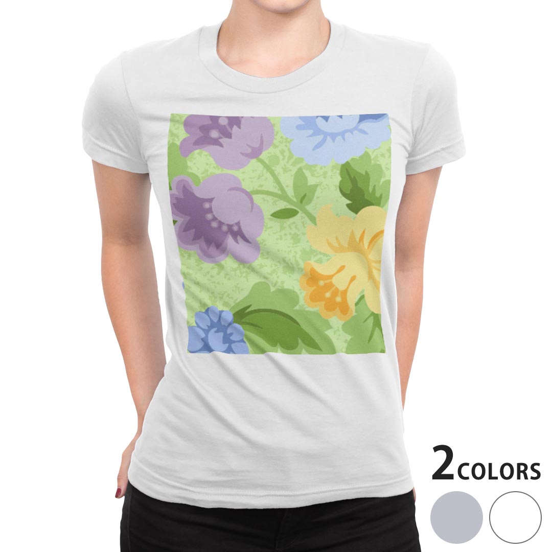 tシャツ レディース 半袖 白地 デザイン M L 白 ホワイト グレー Tシャツ ティーシャツ T shirt 004176 フラワー 花　イラスト　緑