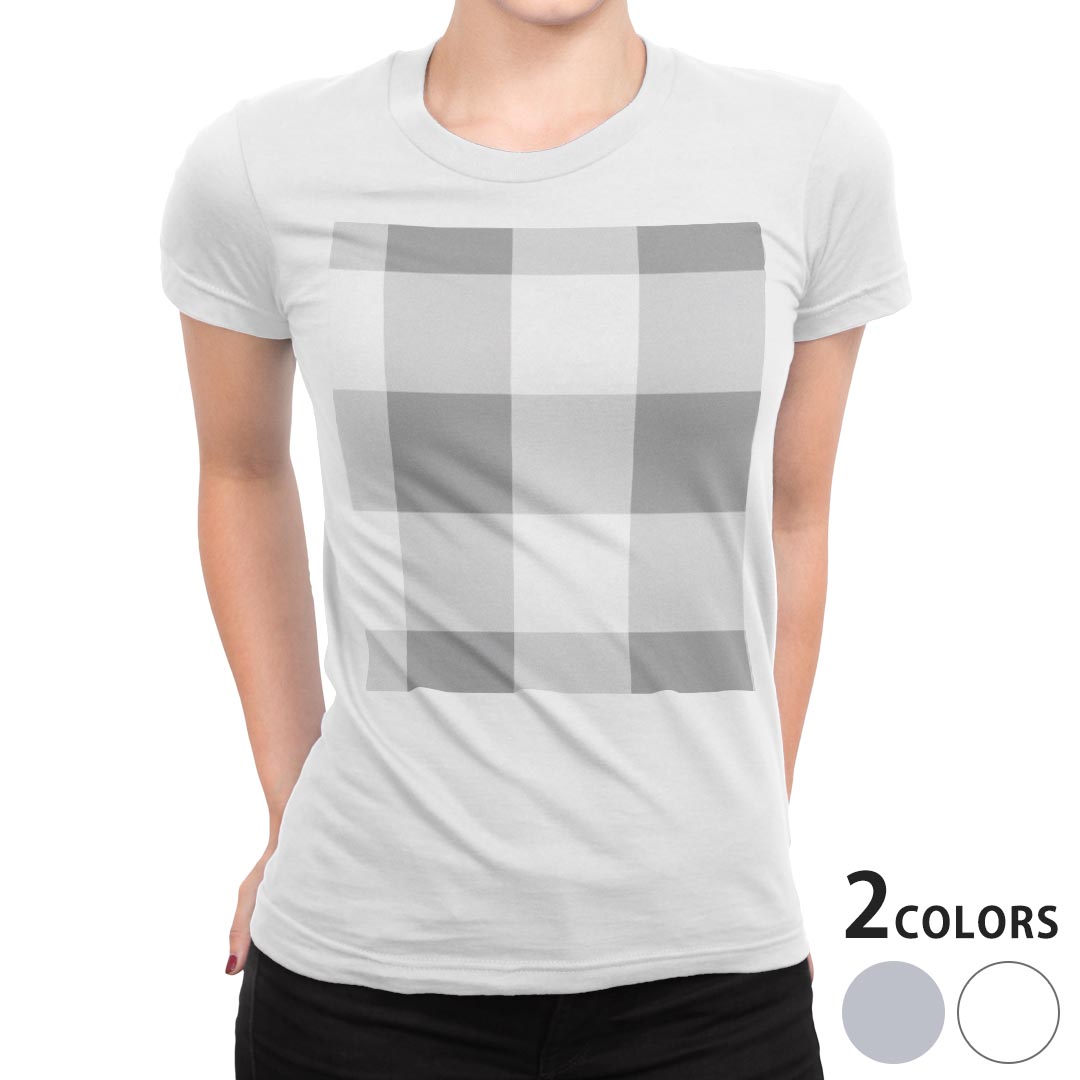 tシャツ レディース 半袖 白地 デザイン M L 白 ホワイト グレー Tシャツ ティーシャツ T shirt 004228 チェック・ボーダー チェック　白　グレー