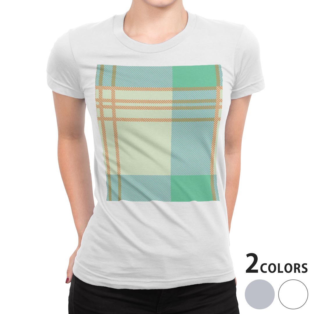 tシャツ レディース 半袖 白地 デザイン M L 白 ホワイト グレー Tシャツ ティーシャツ T shirt 004378 チェック・ボーダー チェック　模様　青