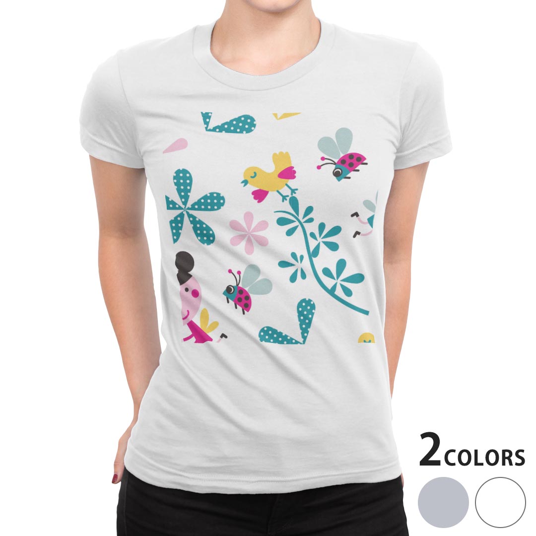 tシャツ レディース 半袖 白地 デザイン M L 白 ホワイト グレー Tシャツ ティーシャツ T shirt 004461 ラブリー 花　鳥　キャラクター