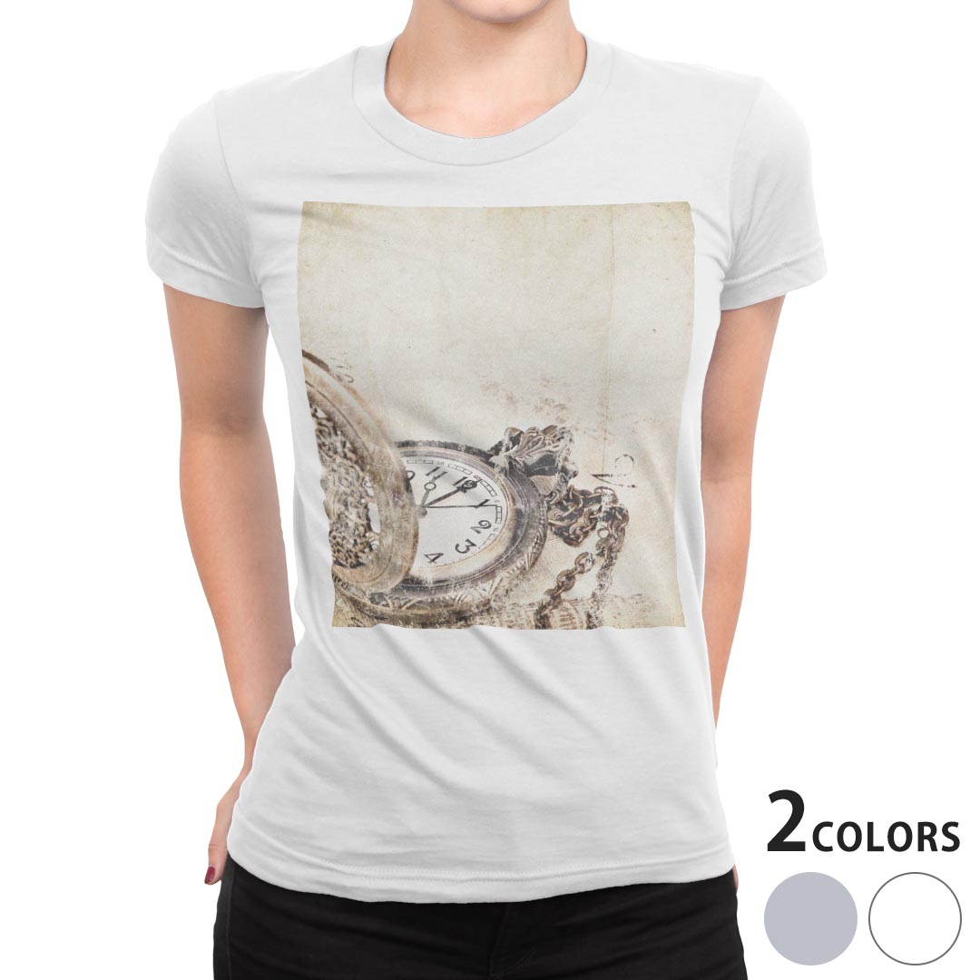 tシャツ レディース 半袖 白地 デザイン S M L XL Tシャツ ティーシャツ T shirt 004508 クール 時計　レトロ　イラスト