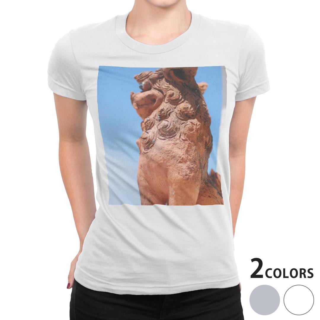 tシャツ レディース 半袖 白地 デザイン M L 白 ホワイト グレー Tシャツ ティーシャツ T shirt 004542 写真・風景 シーサー 沖縄 写真