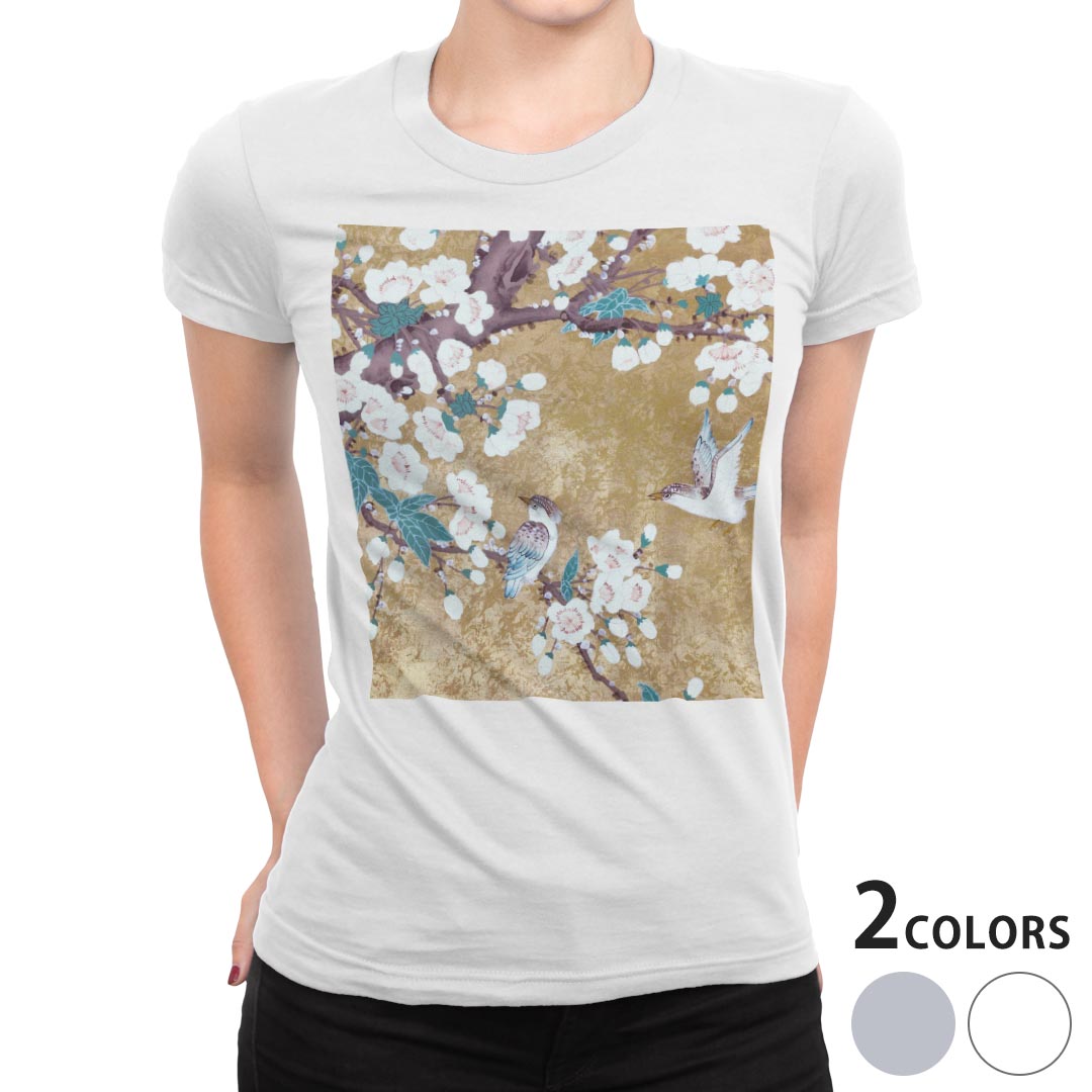 tシャツ レディース 半袖 白地 デザイン M L 白 ホワイト グレー Tシャツ ティーシャツ T shirt 004544 フラワー 花　鳥　和風　和柄 kabekore-11253636 kabeコレ パッケージ画像