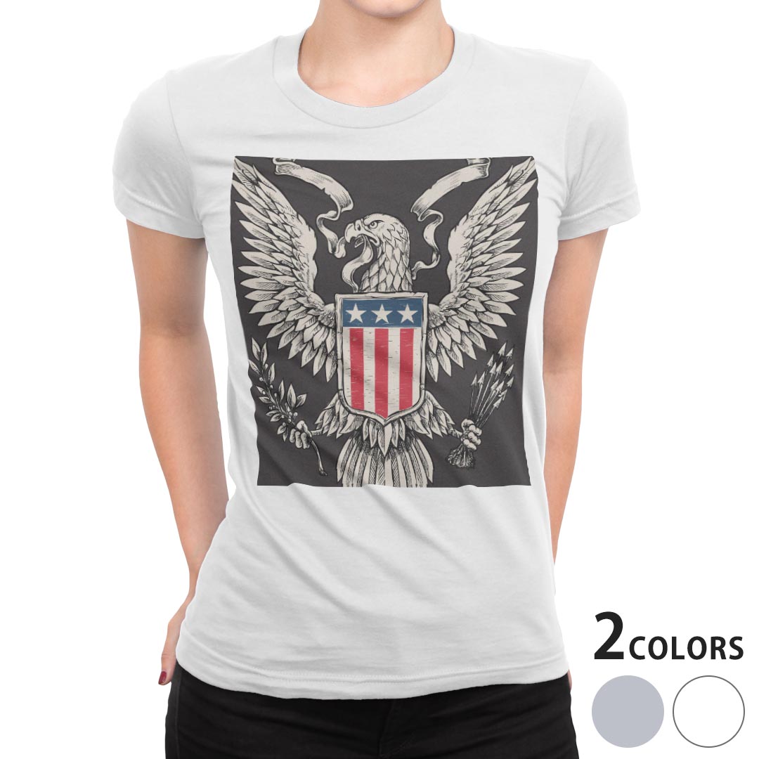 tシャツ レディース 半袖 白地 デザイン M L 白 ホワイト グレー Tシャツ ティーシャツ T shirt 004576 クール 鳥　黒　国旗