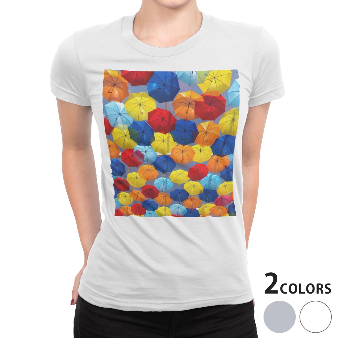 tシャツ レディース 半袖 白地 デザイン S M L XL Tシャツ ティーシャツ T shirt 004598 チェック・ボーダー 傘　カラフル　写真