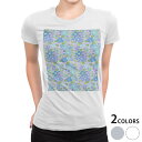 tシャツ レディース 半袖 白地 デザイン M L 白 ホワイト グレー Tシャツ ティーシャツ T shirt 004719 チェック・ボーダー 花 模様 青(4)