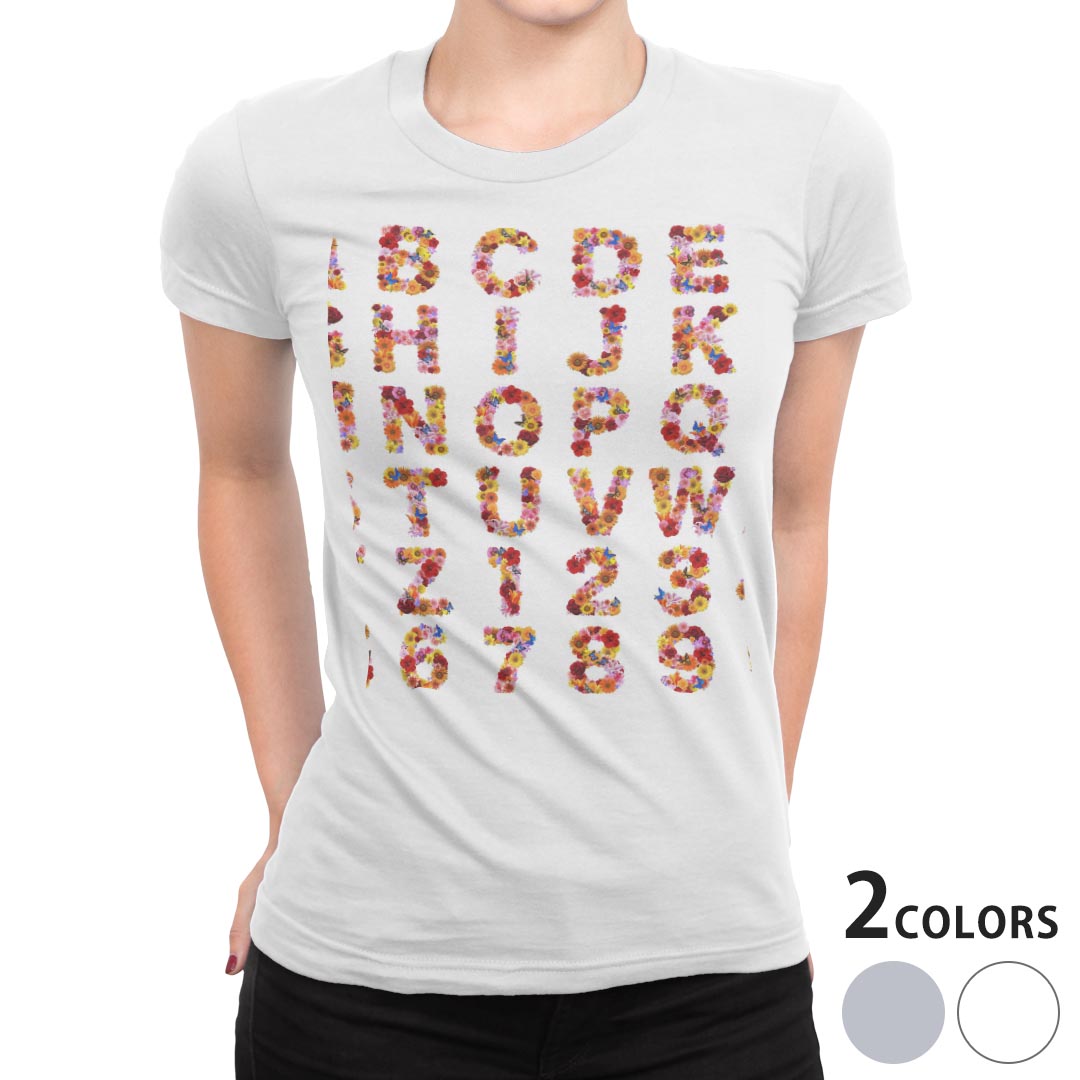 tシャツ レディース 半袖 白地 デザイン M L 白 ホワイト グレー Tシャツ ティーシャツ T shirt 004724 フラワー 写真・風景 英語 文字 花