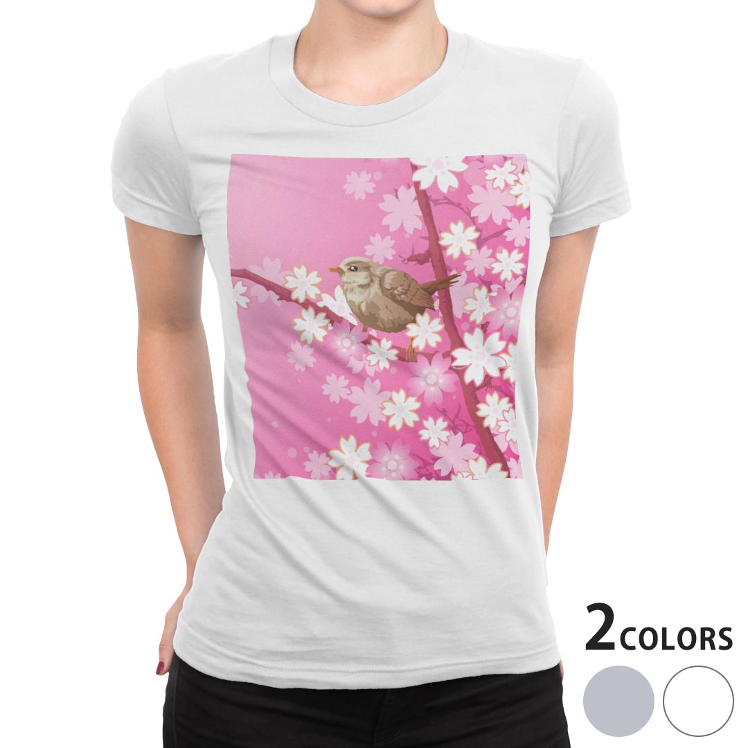 tシャツ レディース 半袖 白地 デザイン M L 白 ホワイト グレー Tシャツ ティーシャツ T shirt 004970 フラワー 桜 鳥 ピンク