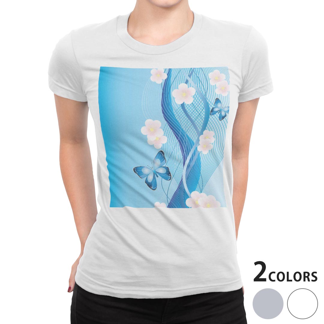 tシャツ レディース 半袖 白地 デザイン M L 白 ホワイト グレー Tシャツ ティーシャツ T shirt 004982 フラワー 蝶 桜 青