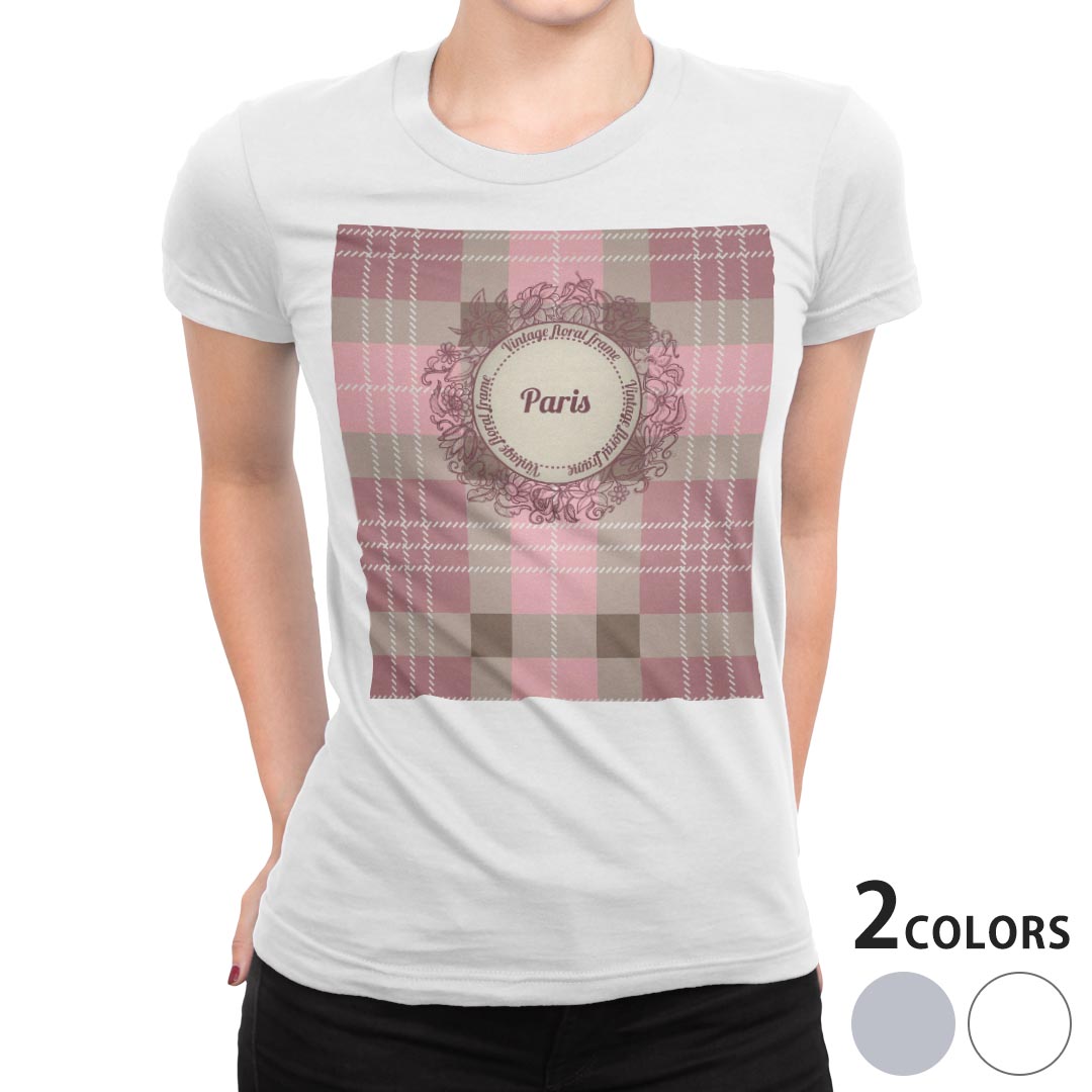 tシャツ レディース 半袖 白地 デザイン M L 白 ホワイト グレー Tシャツ ティーシャツ T shirt 005171 チェック・ボーダー ビンテージ チェック 模様
