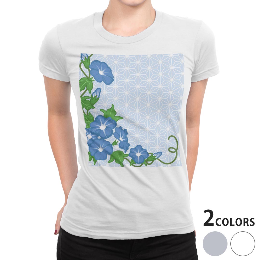 tシャツ レディース 半袖 白地 デザイン M L 白 ホワイト グレー Tシャツ ティーシャツ T shirt 005182 フラワー 花　あさがお　和柄