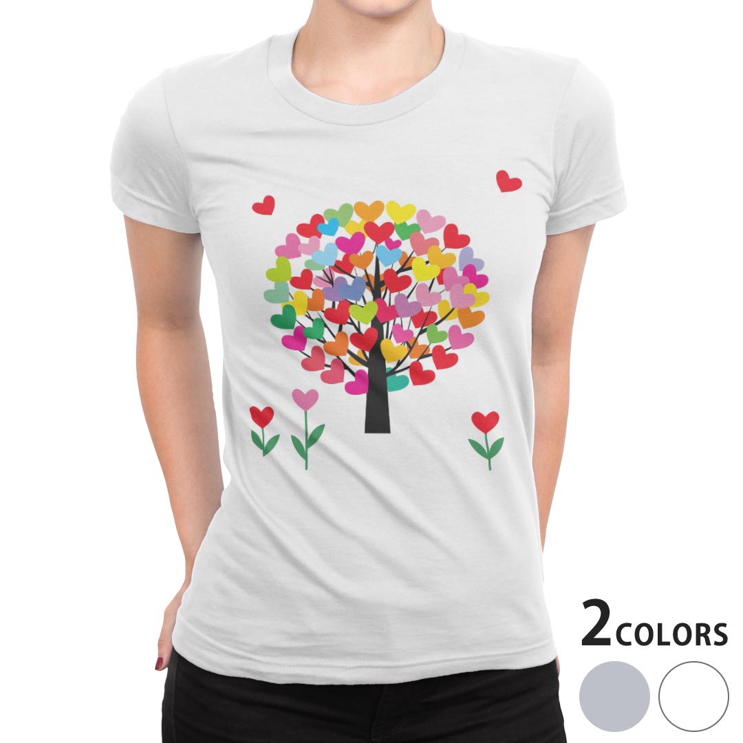 tシャツ レディース 半袖 白地 デザイン M L 白 ホワイト グレー Tシャツ ティーシャツ T shirt 005222 ラブリー ハート　カラフル　木