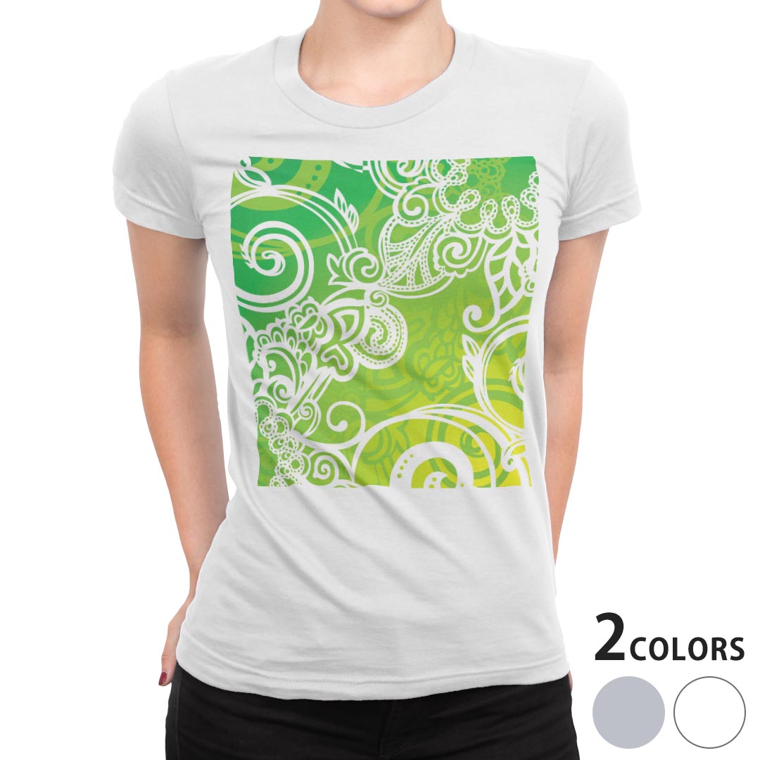 tシャツ レディース 半袖 白地 デザイン S M L XL Tシャツ ティーシャツ T shirt 005223 フラワー 緑　植物　イラスト