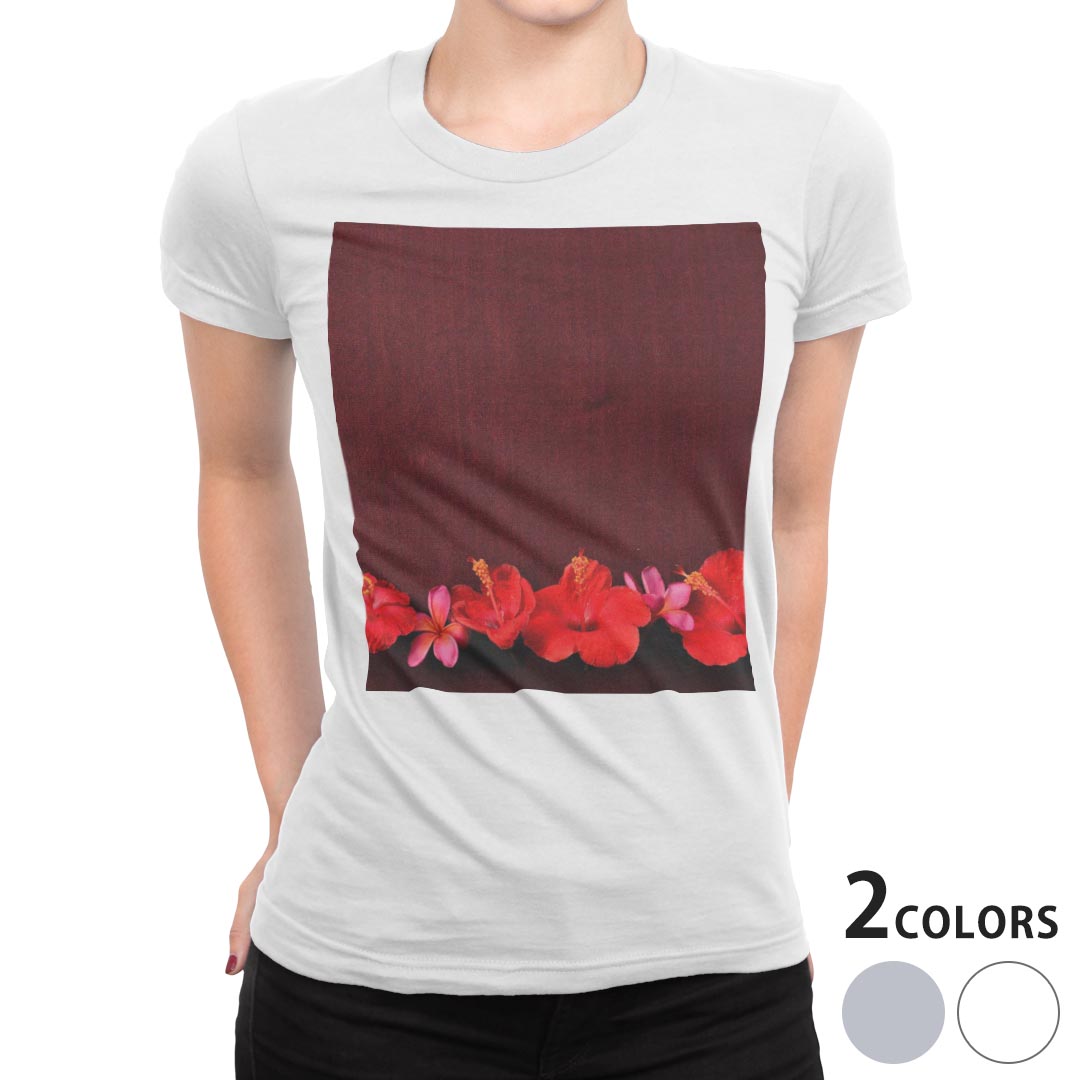 tシャツ レディース 半袖 白地 デザイン M L 白 ホワイト グレー Tシャツ ティーシャツ T shirt 005325 フラワー 花　ハイビスカス　赤