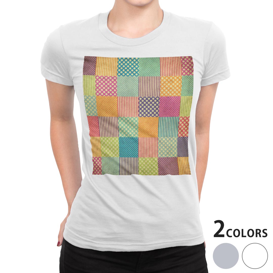 tシャツ レディース 半袖 白地 デザイン M L 白 ホワイト グレー Tシャツ ティーシャツ T shirt 005341 チェック・ボーダー 水玉　縞模様　カラフル