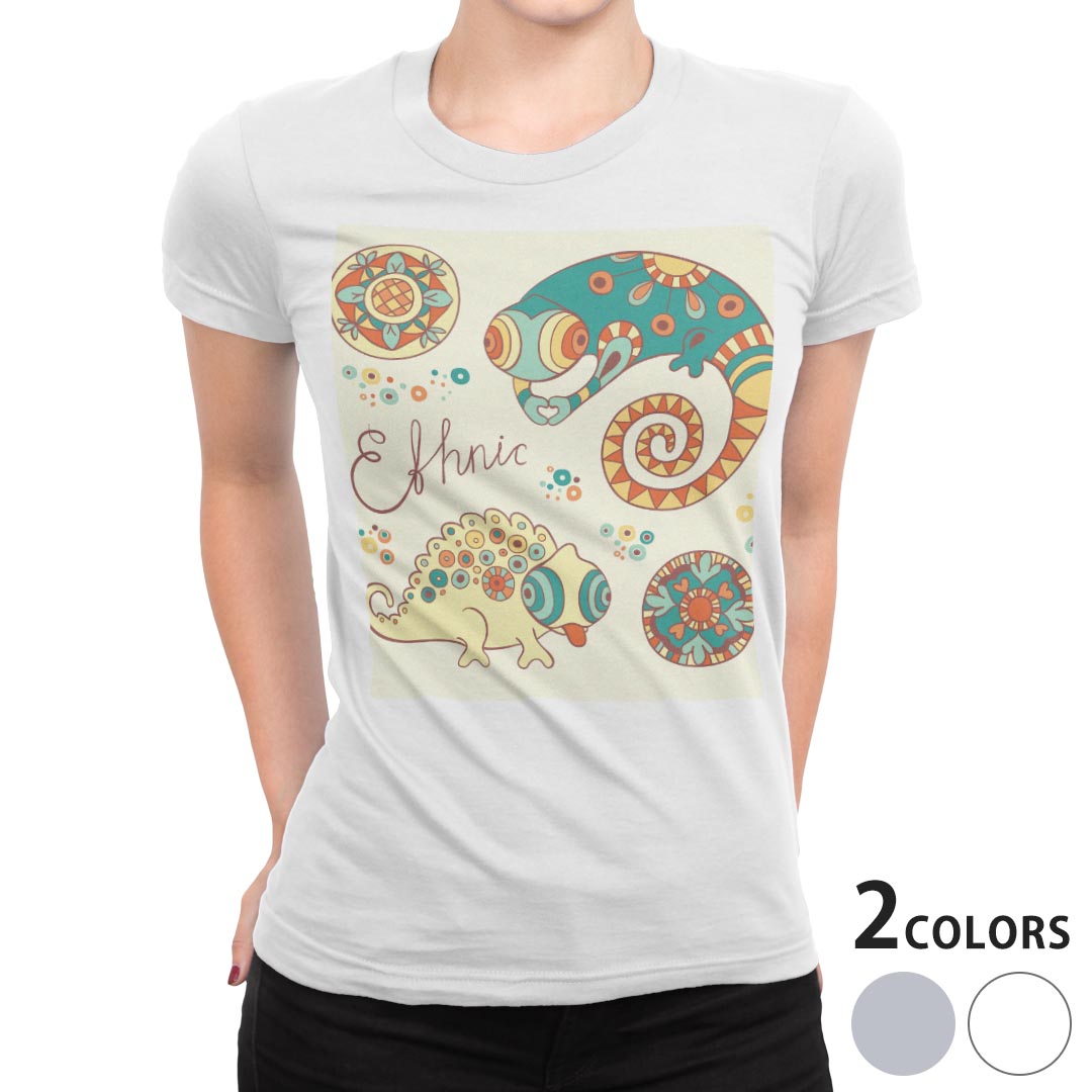 tシャツ レディース 半袖 白地 デザイン M L 白 ホワイト グレー Tシャツ ティーシャツ T shirt 005375 チェック・ボーダー その他 イラスト カラフル カメレオン
