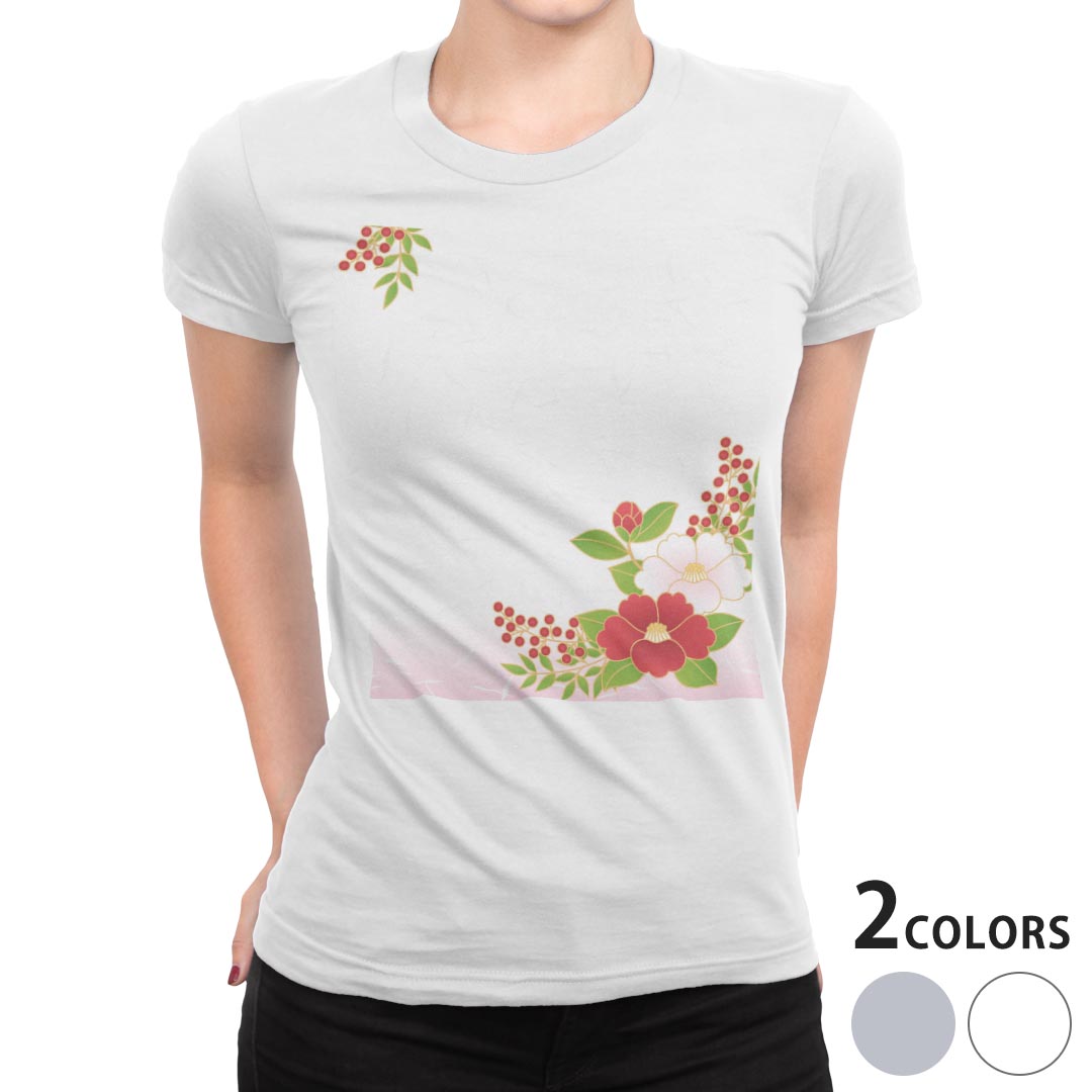 tシャツ レディース 半袖 白地 デザイン M L 白 ホワイト グレー Tシャツ ティーシャツ T shirt 005476 フラワー 和風　和柄　花