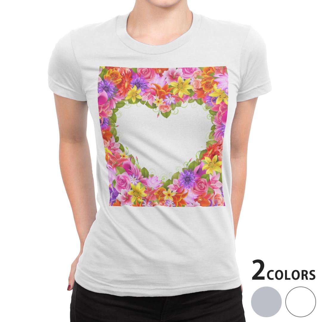 tシャツ レディース 半袖 白地 デザイン M L 白 ホワイト グレー Tシャツ ティーシャツ T shirt 005610 ラブリー フラワー 花 フラワー ハート