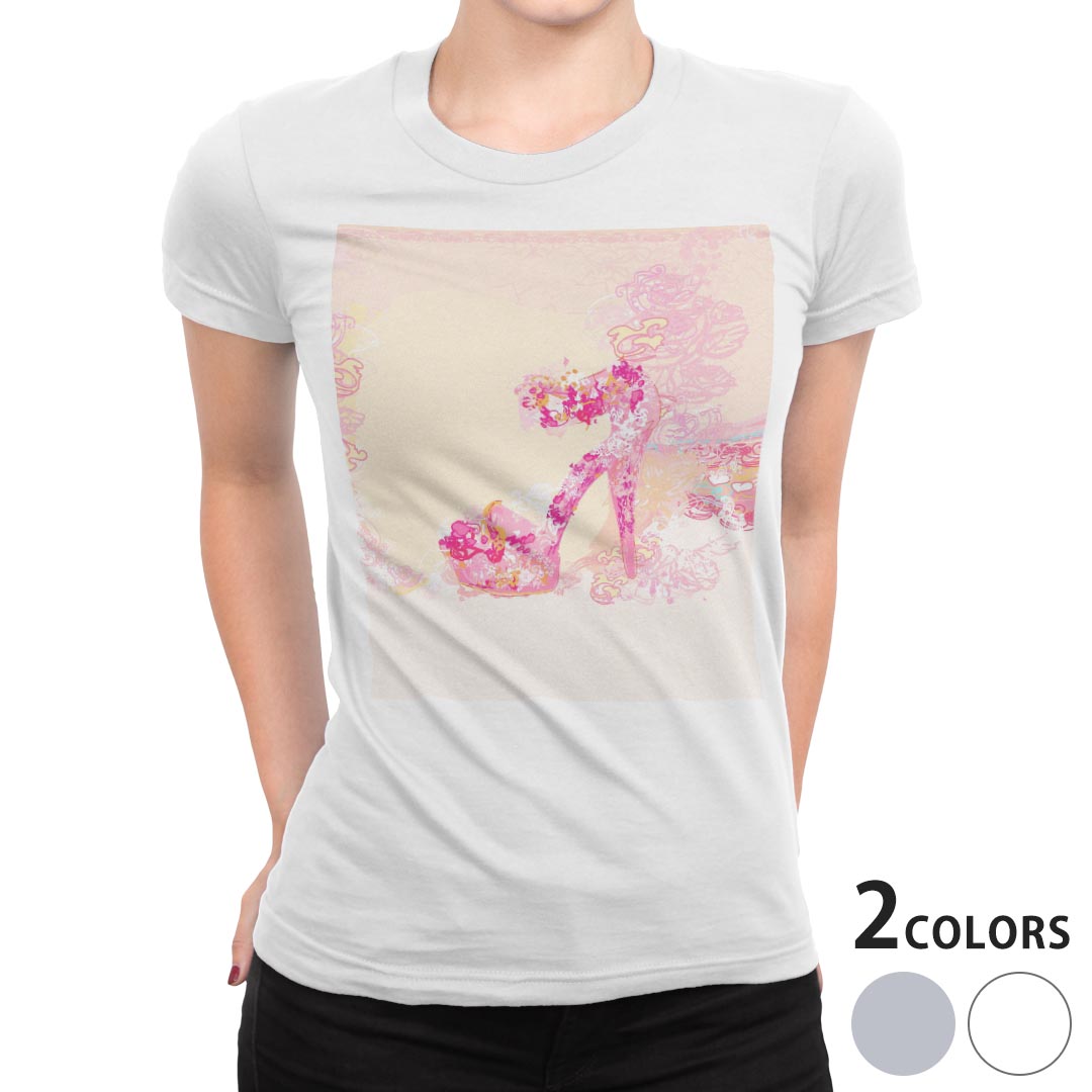 tシャツ レディース 半袖 白地 デザイン M L 白 ホワイト グレー Tシャツ ティーシャツ T shirt 005666 フラワー ラブリー 靴　ピンク　ヒール