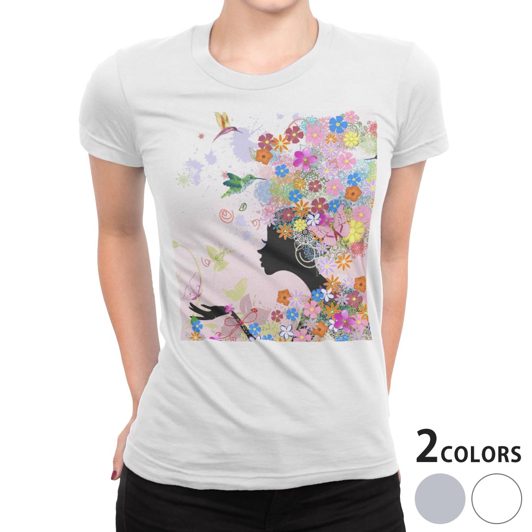 tシャツ レディース 半袖 白地 デザイン M L 白 ホワイト グレー Tシャツ ティーシャツ T shirt 005699 フラワー ラブリー 花　フラワー　人物