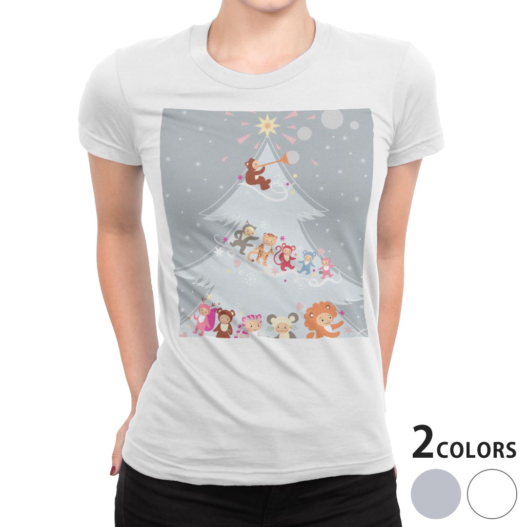 tシャツ レディース 半袖 白地 デザイン M L 白 ホワイト グレー Tシャツ ティーシャツ T shirt 005808 アニマル ツリー 雪 イラスト