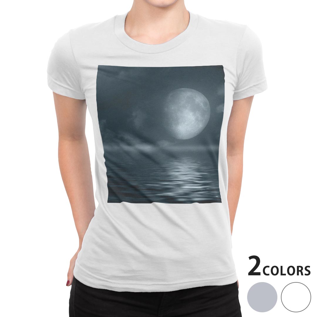 tシャツ レディース 半袖 白地 デザイン M L 白 ホワイト グレー Tシャツ ティーシャツ T shirt 006034 写真・風景 海　夜　月