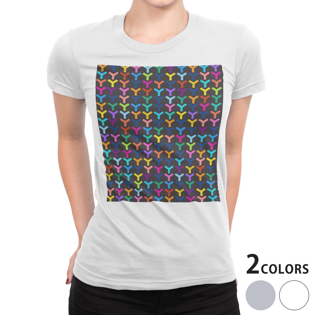 tシャツ レディース 半袖 白地 デザイン M L 白 ホワイト グレー Tシャツ ティーシャツ T shirt 006095 チェック・ボーダー カラフル　模様
