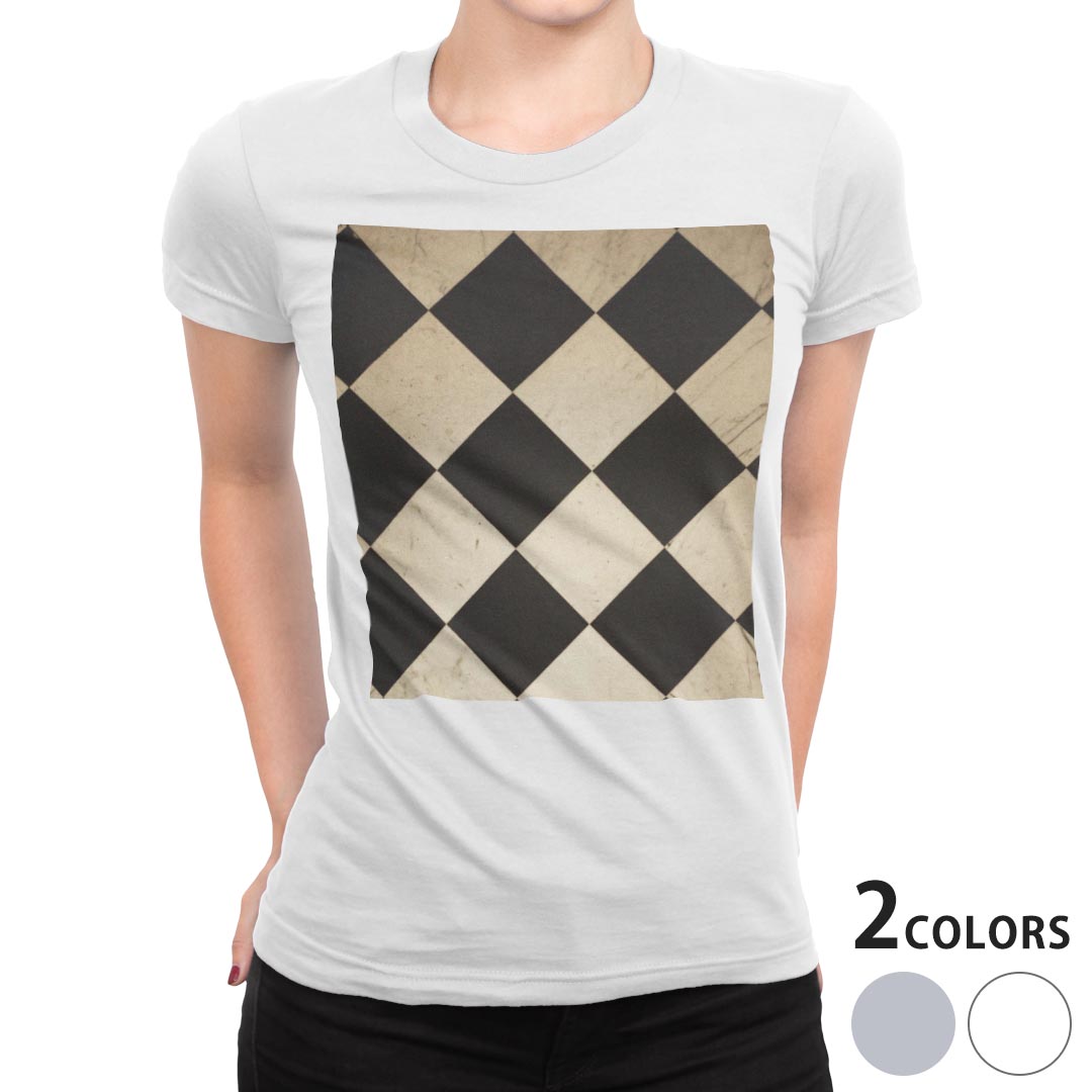 tシャツ レディース 半袖 白地 デザイン M L 白 ホワイト グレー Tシャツ ティーシャツ T shirt 006331 チェック・ボーダー 市松模様 模様