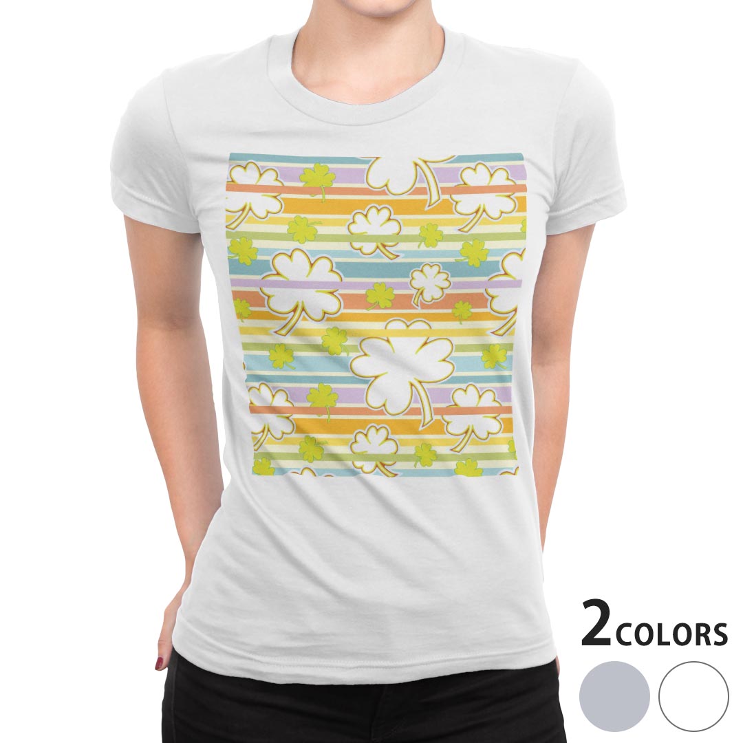 tシャツ レディース 半袖 白地 デザイン M L 白 ホワイト グレー Tシャツ ティーシャツ T shirt 006431 フラワー クローバー カラフル