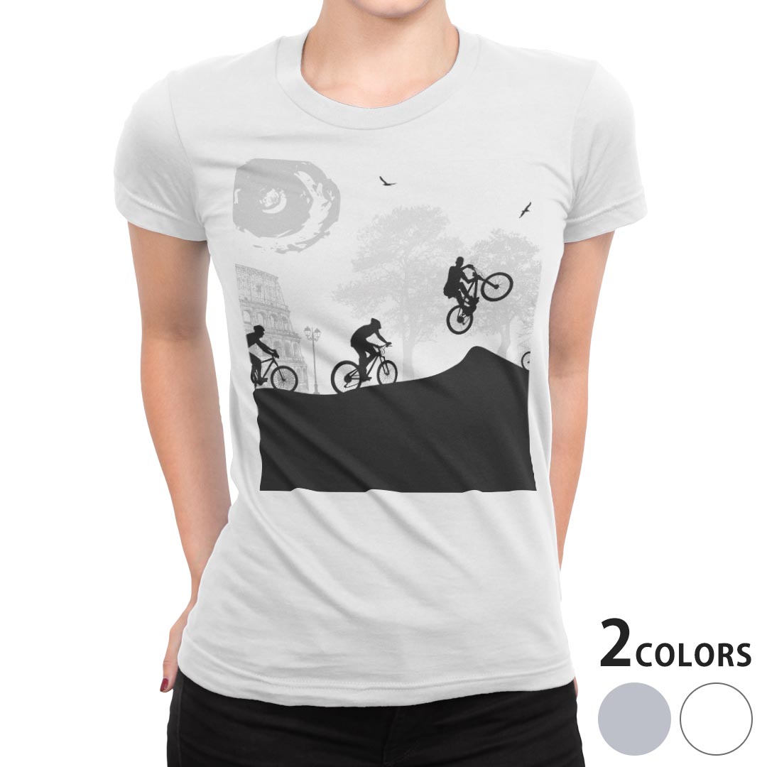 tシャツ レディース 半袖 白地 デザイン M L 白 ホワイト グレー Tシャツ ティーシャツ T shirt 006527 クール 自転車 人物
