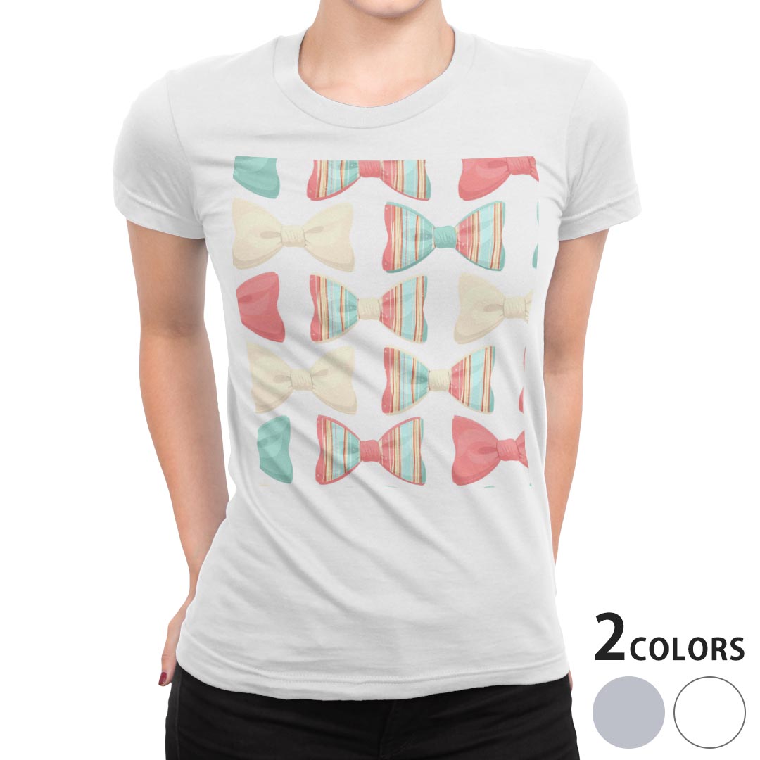 tシャツ レディース 半袖 白地 デザイン M L 白 ホワイト グレー Tシャツ ティーシャツ T shirt 006531 ラブリー リボン　模様