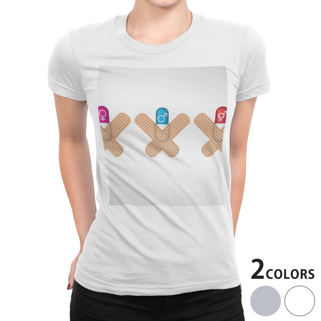 tシャツ レディース 半袖 白地 デザイン S M L XL Tシャツ ティーシャツ T shirt 006597 ユニーク 絆創膏　カプセル