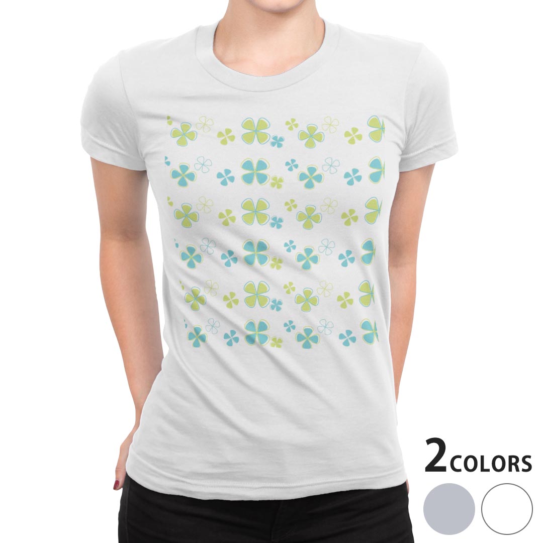 tシャツ レディース 半袖 白地 デザイン M L 白 ホワイト グレー Tシャツ ティーシャツ T shirt 006603 チェック・ボーダー クローバー 模様