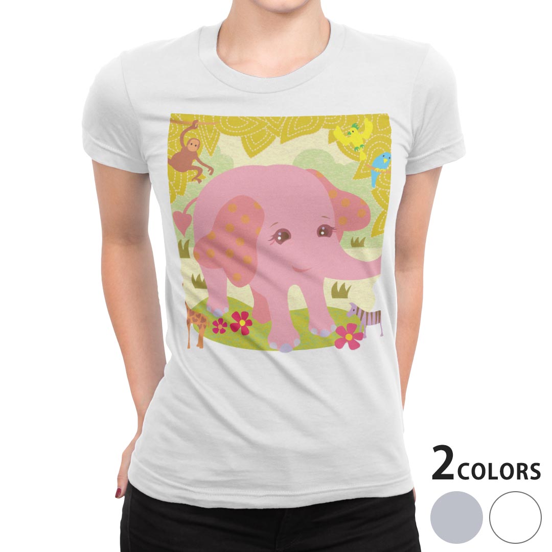tシャツ レディース 半袖 白地 デザイン M L 白 ホワイト グレー Tシャツ ティーシャツ T shirt 006727 アニマル 動物　象　イラスト