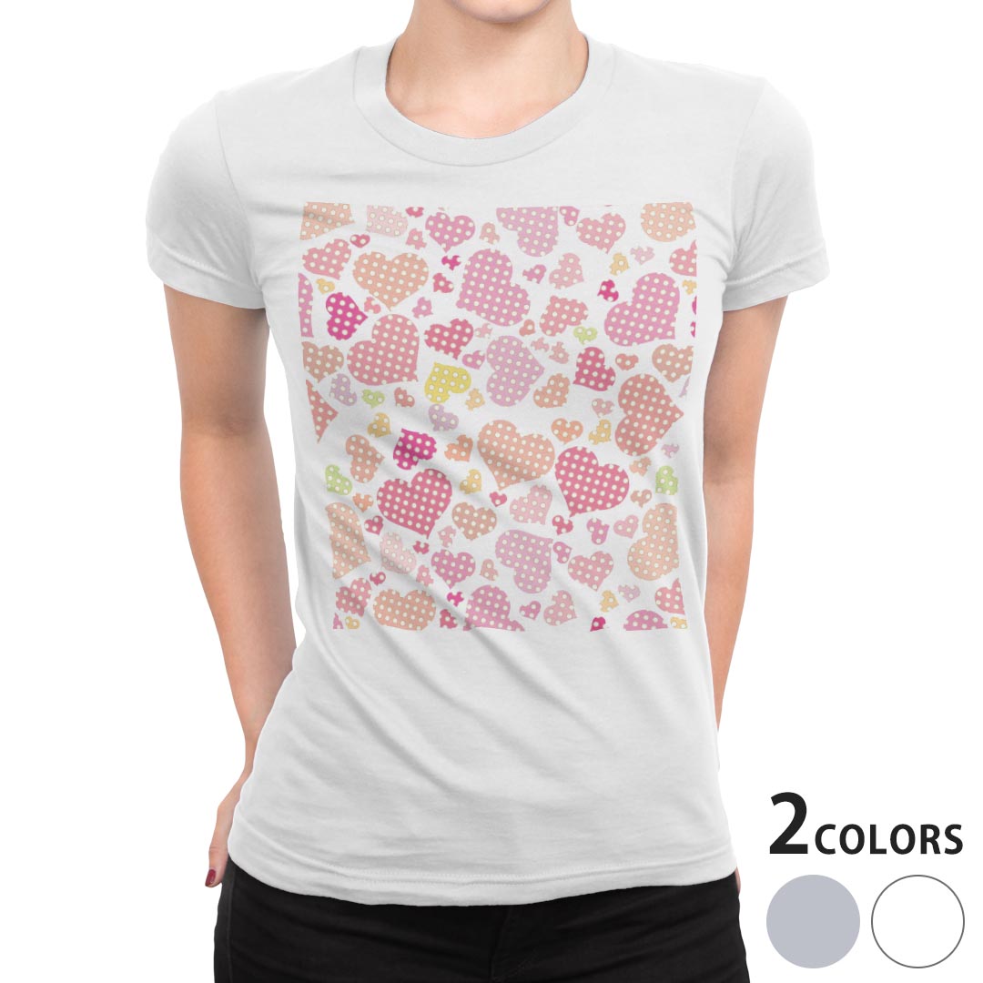 tシャツ レディース 半袖 白地 デザイン M L 白 ホワイト グレー Tシャツ ティーシャツ T shirt 006859 ラブリー ハート　模様　水玉