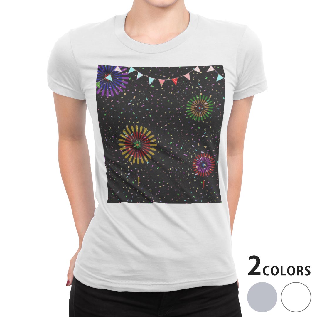 tシャツ レディース 半袖 白地 デザイン M L 白 ホワイト グレー Tシャツ ティーシャツ T shirt 006975 その他 花火 カラフル