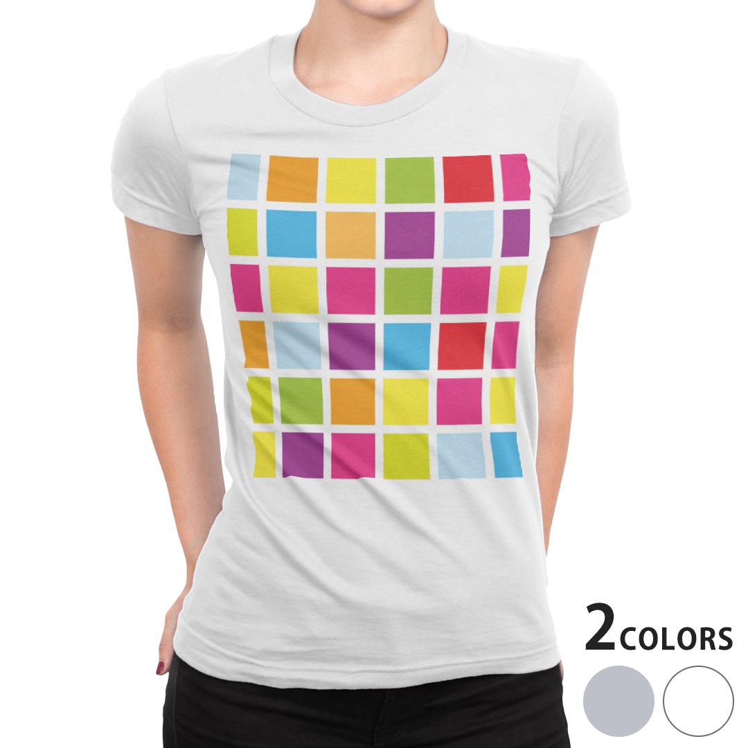 tシャツ レディース 半袖 白地 デザイン M L 白 ホワイト グレー Tシャツ ティーシャツ T shirt 007044 チェック・ボーダー カラフル 模様