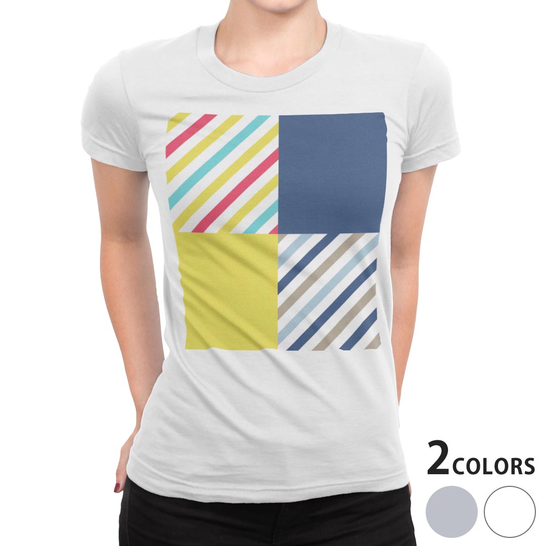 tシャツ レディース 半袖 白地 デザイン M L 白 ホワイト グレー Tシャツ ティーシャツ T shirt 007060 チェック・ボーダー 模様　ストライプ