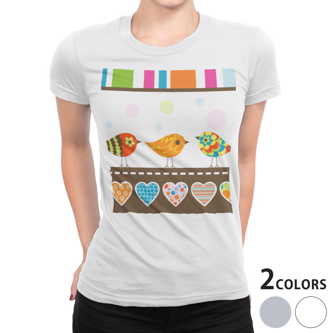 tシャツ レディース 半袖 白地 デザイン M L 白 ホワイト グレー Tシャツ ティーシャツ T shirt 007066 ラブリー 鳥 ハート カラフル