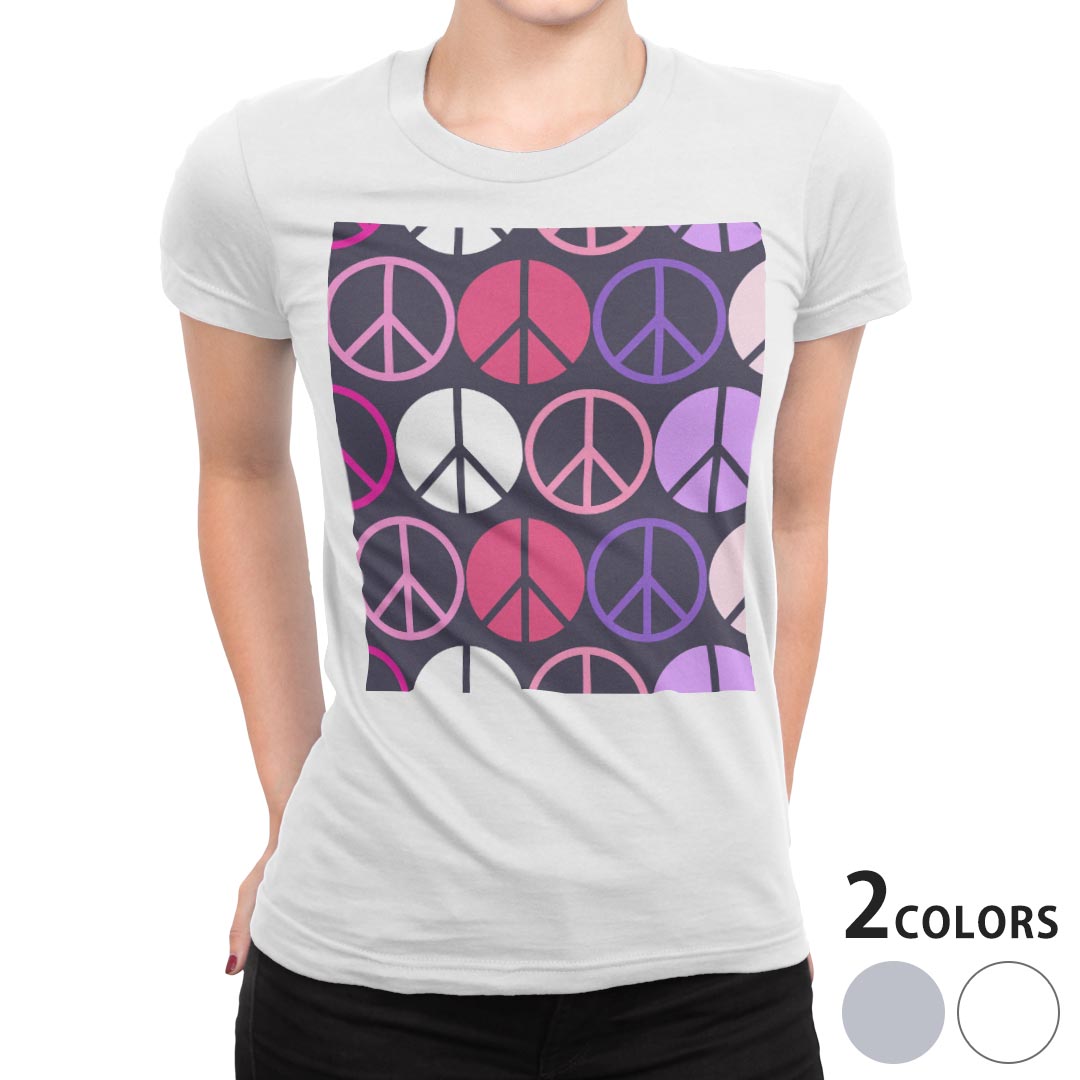 tシャツ レディース 半袖 白地 デザイン M L 白 ホワイト グレー Tシャツ ティーシャツ T shirt 007072 チェック・ボーダー ピースマーク 模様