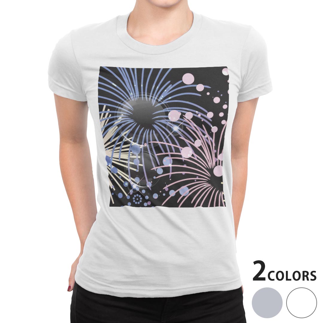 tシャツ レディース 半袖 白地 デザイン M L 白 ホワイト グレー Tシャツ ティーシャツ T shirt 007087 日本語・和柄 花火 カラフル