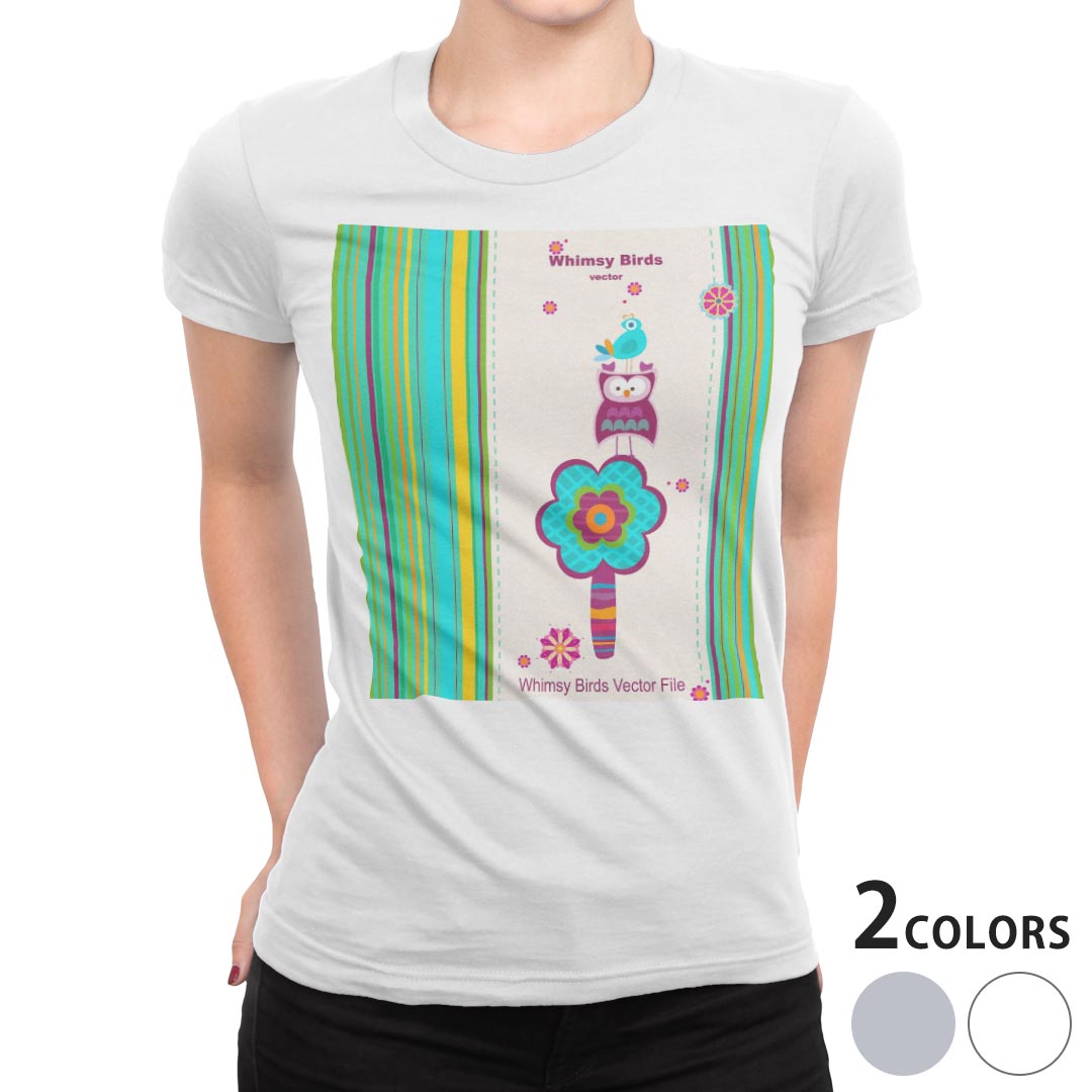 tシャツ レディース 半袖 白地 デザイン M L 白 ホワイト グレー Tシャツ ティーシャツ T shirt 007277 ラブリー 花 フラワー フクロウ ストライプ