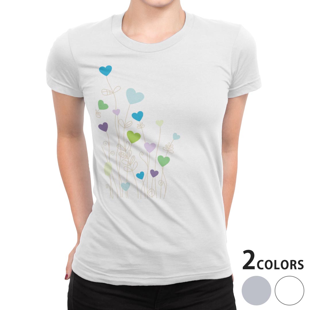 tシャツ レディース 半袖 白地 デザイン M L 白 ホワイト グレー Tシャツ ティーシャツ T shirt 007310 ラブリー ハート　植物　青　ブルー