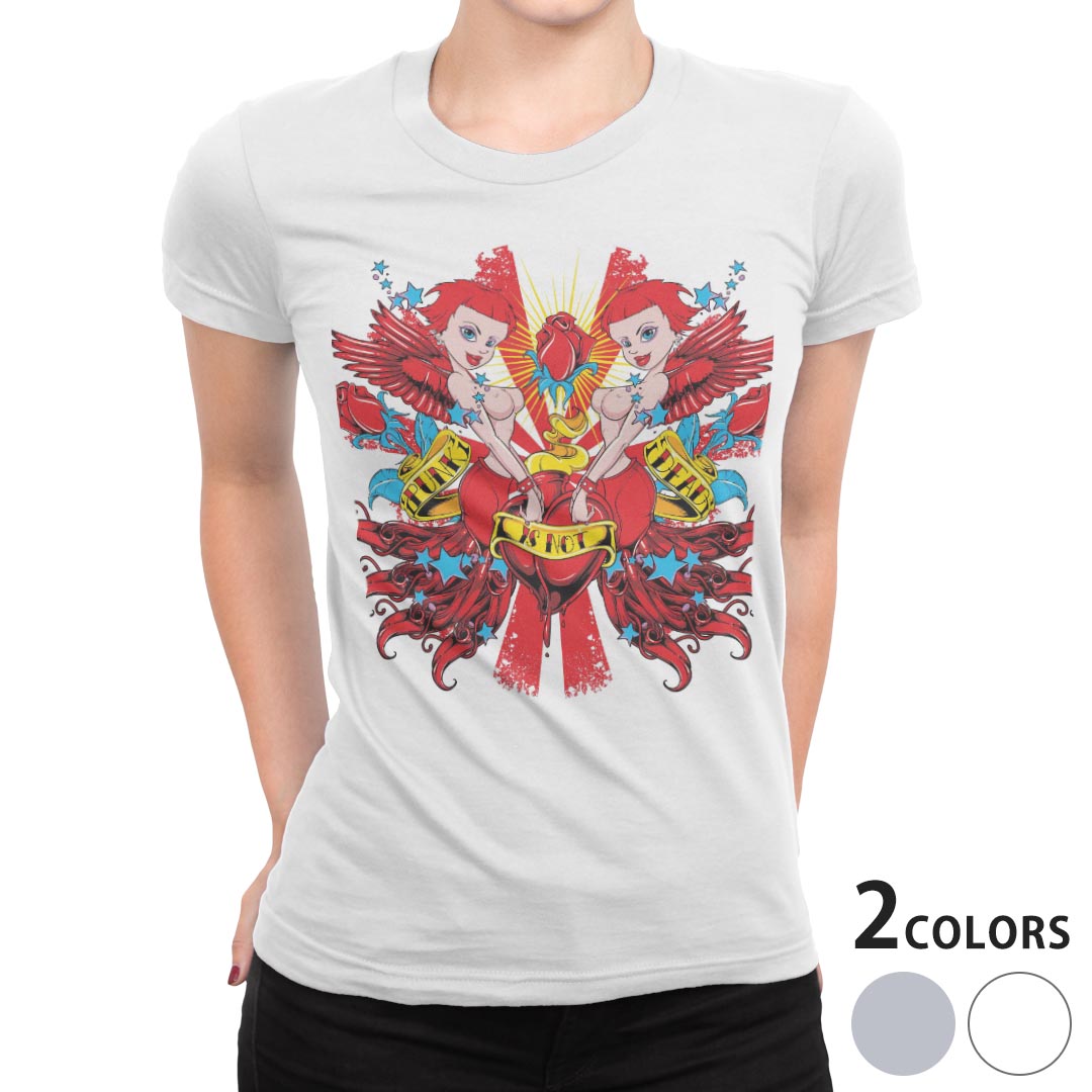 tシャツ レディース 半袖 白地 デザイン M L 白 ホワイト グレー Tシャツ ティーシャツ T shirt 007323 その他 イラスト　赤　レッド　羽根(4.0)