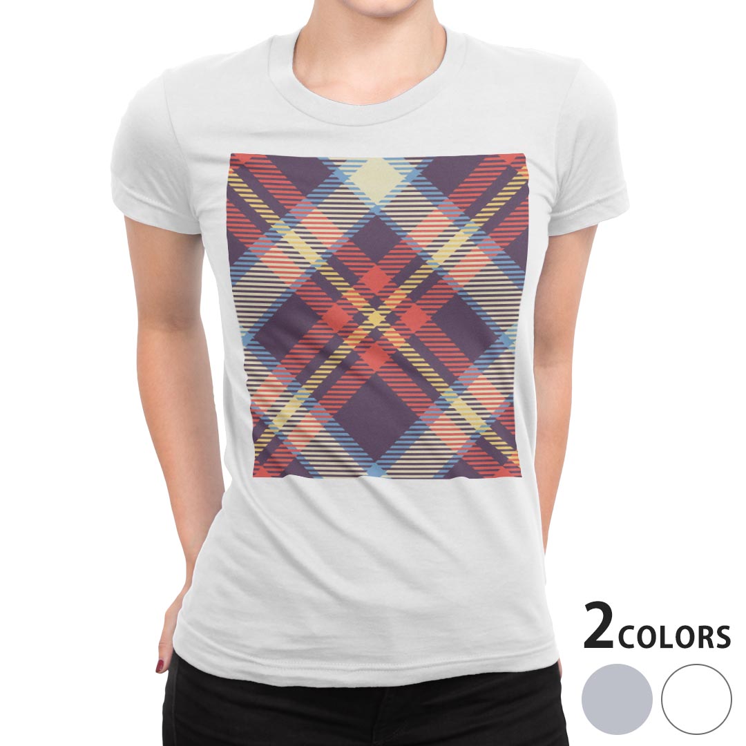 tシャツ レディース 半袖 白地 デザイン M L 白 ホワイト グレー Tシャツ ティーシャツ T shirt 007426 チェック・ボーダー チェック 模様 赤 レッド