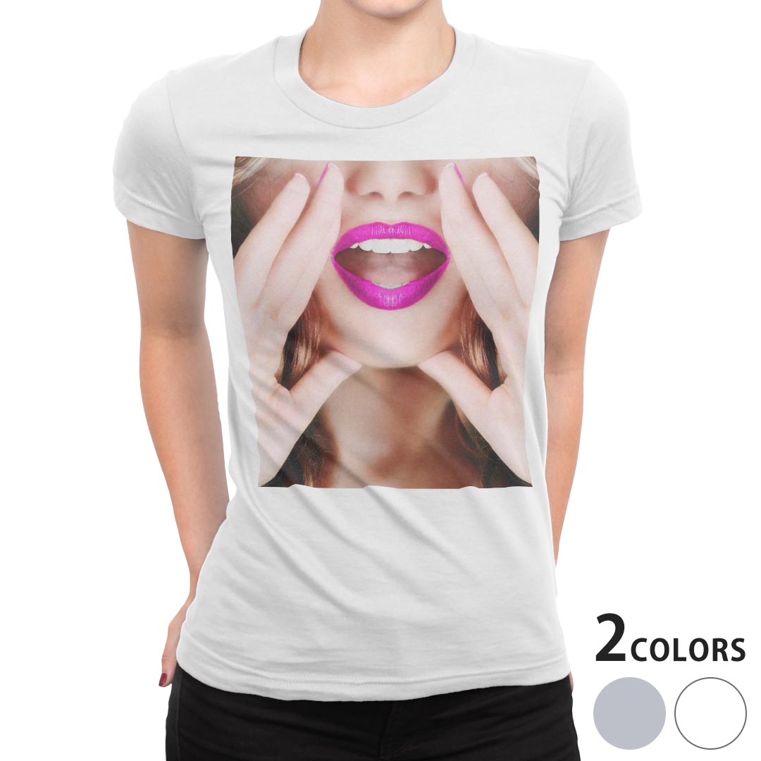 tシャツ レディース 半袖 白地 デザイン S M L XL Tシャツ ティーシャツ T shirt 007447 日本語・和柄 人物　写真　ピンク　唇