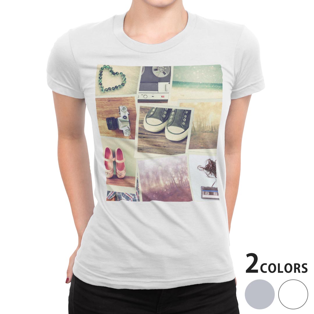 tシャツ レディース 半袖 白地 デザイン S M L XL Tシャツ ティーシャツ T shirt 007465 写真・風景 写真　靴　カメラ　ハート