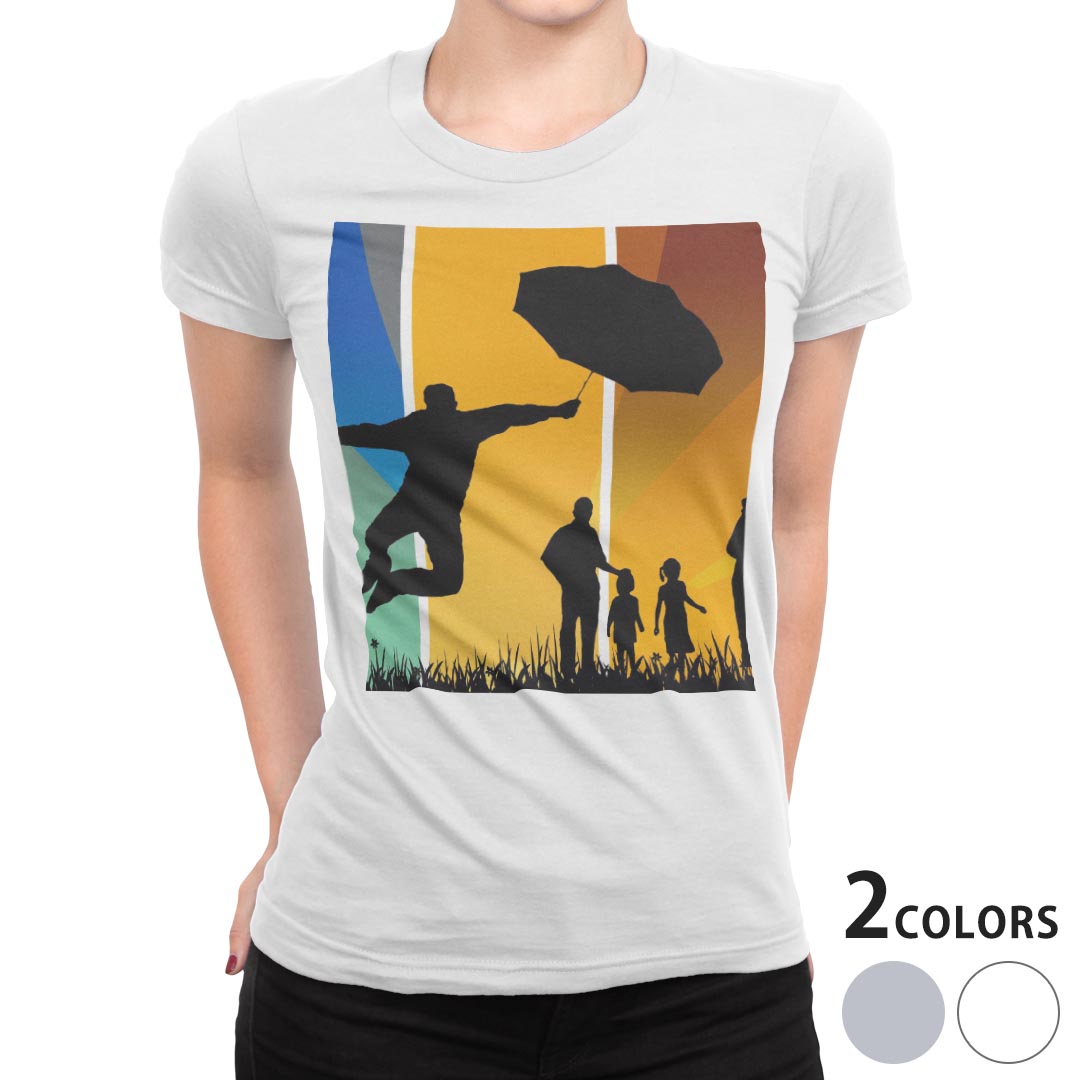 tシャツ レディース 半袖 白地 デザイン M L 白 ホワイト グレー Tシャツ ティーシャツ T shirt 007468 ユニーク カラフル　レインボー　影　人物
