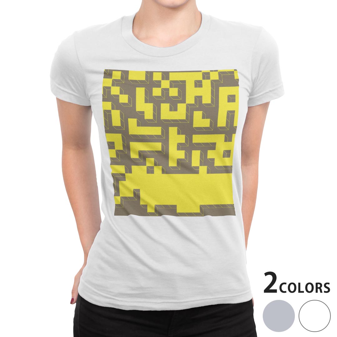 tシャツ レディース 半袖 白地 デザイン M L 白 ホワイト グレー Tシャツ ティーシャツ T shirt 007570 ユニーク 黄色　イエロー　模様　迷路