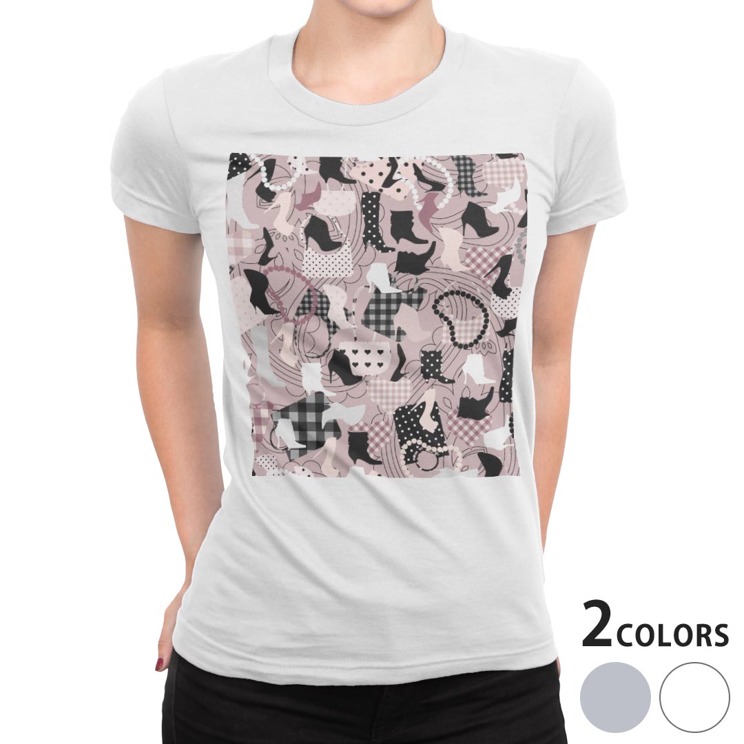 tシャツ レディース 半袖 白地 デザイン M L 白 ホワイト グレー Tシャツ ティーシャツ T shirt 007669 ユニーク 靴　ヒール　ネックレス　鞄